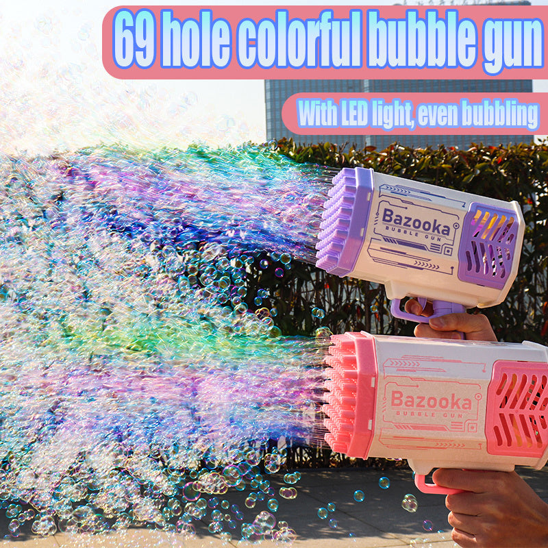 Image of Bubble Gun Rocket 69 Holes Soap Bubbles Machine Gun Shape Automatic Blower With Light Toys For Kids Pomperos