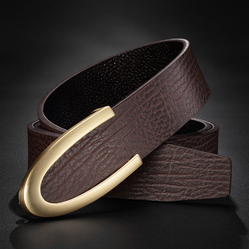 Image of Men's Leather Smooth Buckle First Layer Cowhide Belt