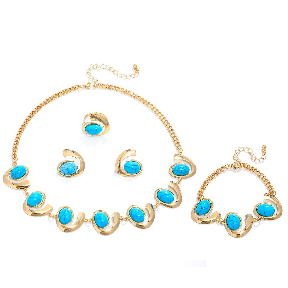 Image of Inlaid Turquoise Spiral Earrings Necklace Bracelet Ring Set