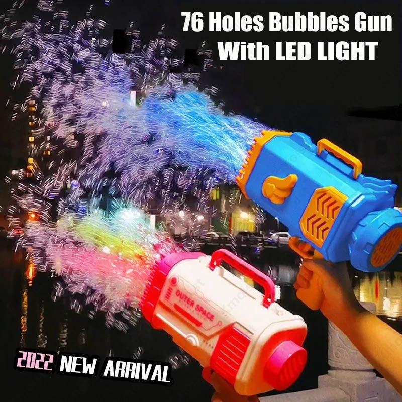 Image of Bubble Gun Rocket 69 Holes Soap Bubbles Machine Gun Shape Automatic Blower With Light Toys For Kids Pomperos