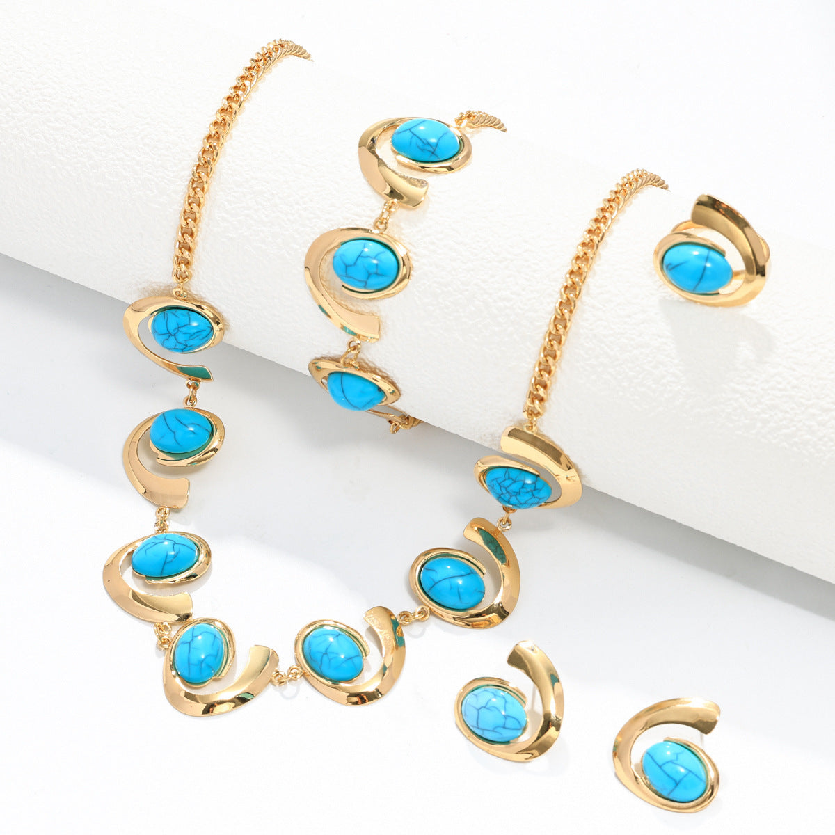 Image of Inlaid Turquoise Spiral Earrings Necklace Bracelet Ring Set