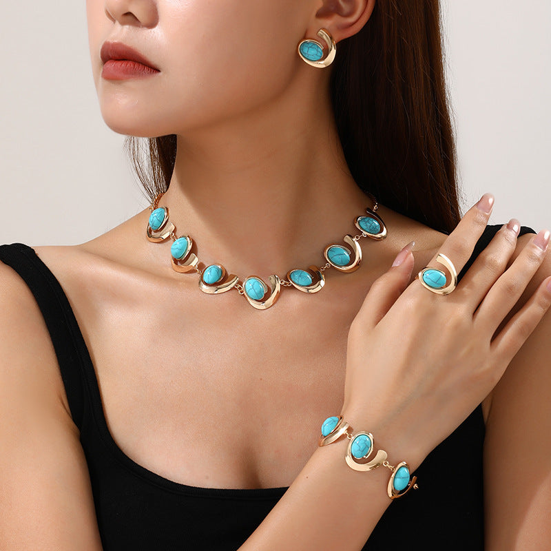 Image of Inlaid Turquoise Spiral Earrings Necklace Bracelet Ring Set
