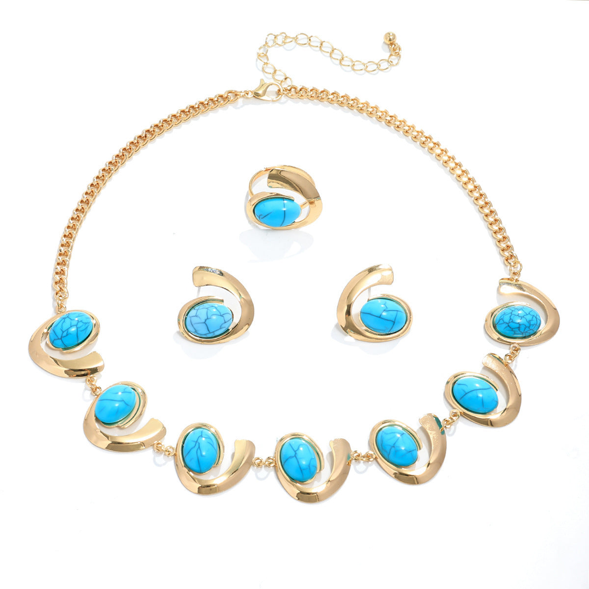 Image of Inlaid Turquoise Spiral Earrings Necklace Bracelet Ring Set