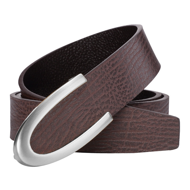 Image of Men's Leather Smooth Buckle First Layer Cowhide Belt